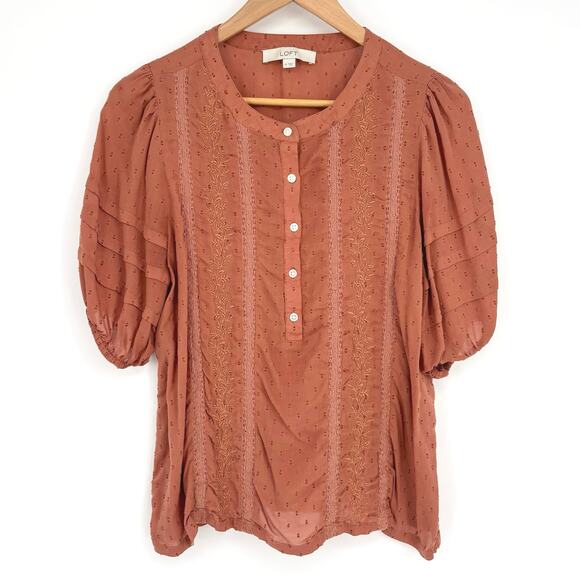 Loft Terracotta Eyelet Embroidered Puff Sleeve Button-Down Top Size M - Picture 1 of 6